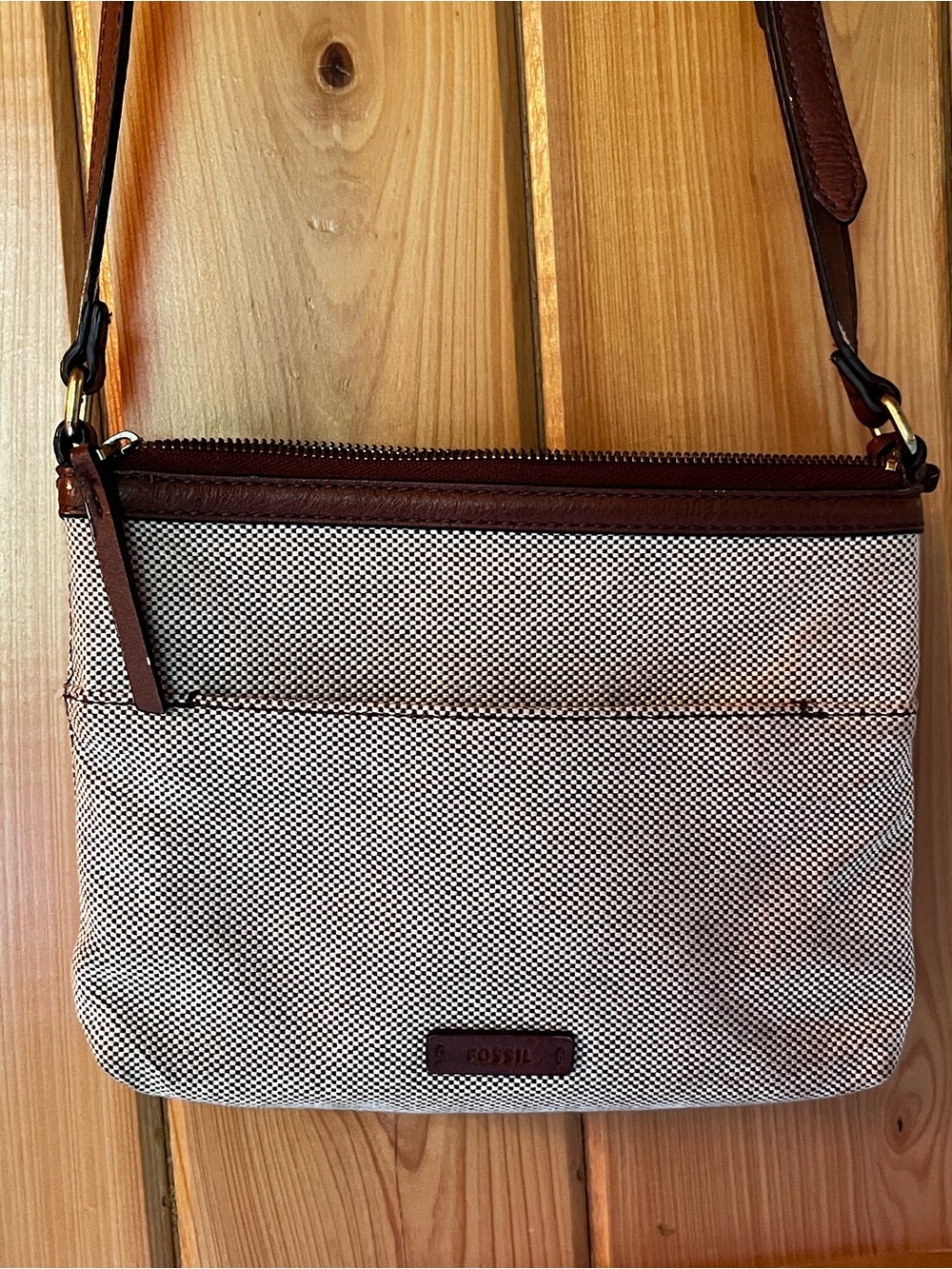 Fossil Canvas Crossbody in Ivory and Brown Trim